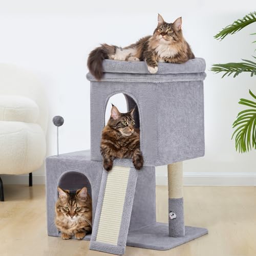 Woochpet 32inch Tall Cat Tree with 2 cat condo for Adult Cats Cozy Cat Tower with Scratching Post and Scrather Board for Cats of Different Ages.（Light Grey） - Image 2