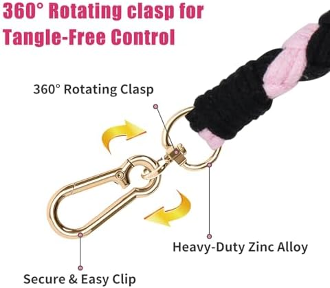 5FT Braided Cotton Rope Leash for Small, Medium and Large Dogs, Black & Pink Color - Image 4