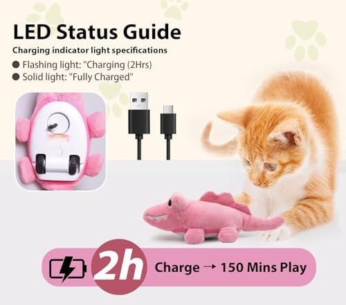 Interactive Cat Toys for Indoor Cats – Auto Moving Alligator with 360° Random Movement & Tail Wagging, Rechargeable Cat Exercise Toy with Catnip, Self-Play Fun for Bored Adult Cats-Pink - Image 3
