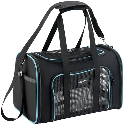 Soundy Large Cat Carrier Dog Carrier Under 25 Lbs,Collapsible Ventilated Portable Pet Bag with Soft Sided Breathable Mesh for Long Car Trips Maxi Load 2 Kittens or Small, Medium Dog (Large Black) by Soundy