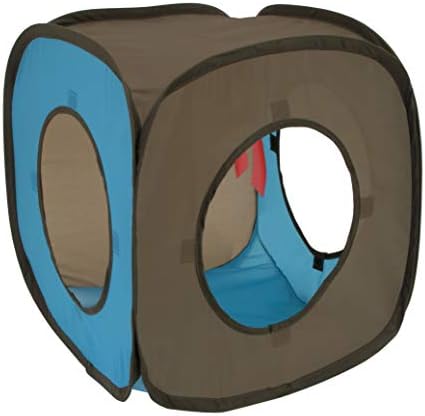 Kitty City Pop-Up Rolling Cat Cube Toy, Collapsible Indoor Cat Play Cube with Peekaboo Openings & Hanging Tassel, Lightweight Foldable Cat Furniture - Blue / Brown by KittyCity