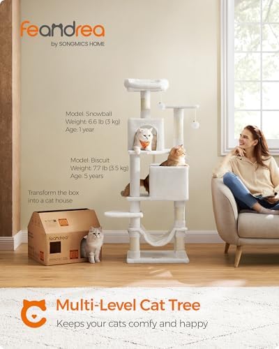Feandrea Cat Tree, 59.5-Inch Tall Cat Tower, Multi-Level Condo, Cream White - Image 2