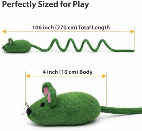 Glaciart One Felt Mouse Cat Toy – Soft Fuzzy Enrichment 100% Natural Wool - Interactive Catnip Play Cat Toy Set - Safe for Pets, Non-AZO Colored Dyes - 100” Long - Image 3