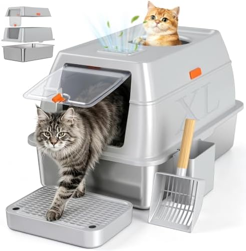 XL Enclosed Stainless Steel Litter Box with Lid, Light Gray by Tevila
