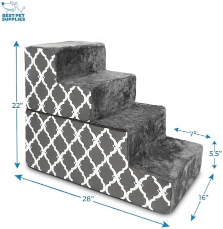 Best Pet Supplies Dog Stairs & Steps - Foam Steps for Small Dogs & Cats, Non-Slip Indoor Balanced Pet Step Support, Dog Ramp, No Assembly, Gray Lattice Print, Foldable 4-Step (22-inch Height) - Image 2