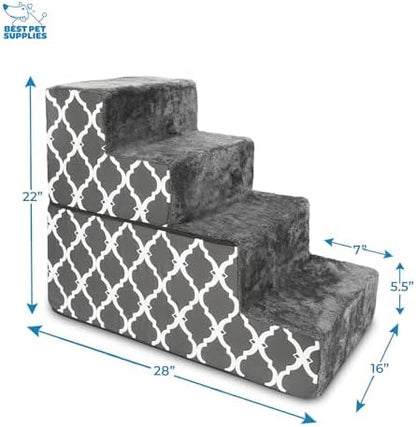 Best Pet Supplies Dog Stairs & Steps - Foam Steps for Small Dogs & Cats, Non-Slip Indoor Balanced Pet Step Support, Dog Ramp, No Assembly, Gray Lattice Print, Foldable 4-Step (22-inch Height) - Image 2