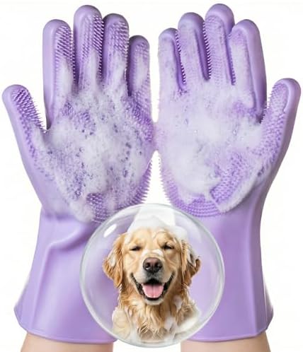 Silicone Pet Grooming Gloves Dog Washing Gloves for Bathing, 1 Pair Purple by DELOMO