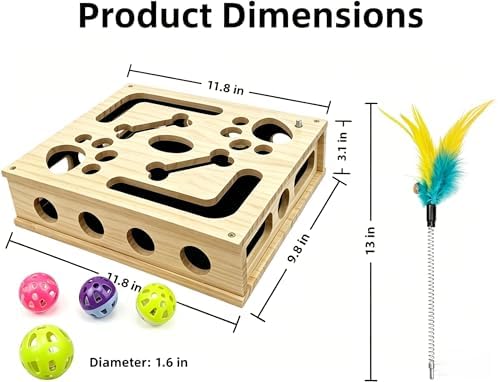 Huntmic Wooden Cat Toys Scratch Puzzle Enrichment Box, Interactive Cat Toy with Sandpaper Inside and Bell Ball, Cat Claw Saver Interactive Toy Stress-Free Alternative to Clippers & Grinders - Image 3