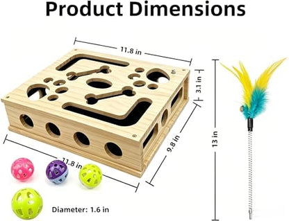 Huntmic Wooden Cat Toys Scratch Puzzle Enrichment Box, Interactive Cat Toy with Sandpaper Inside and Bell Ball, Cat Claw Saver Interactive Toy Stress-Free Alternative to Clippers & Grinders - Image 3