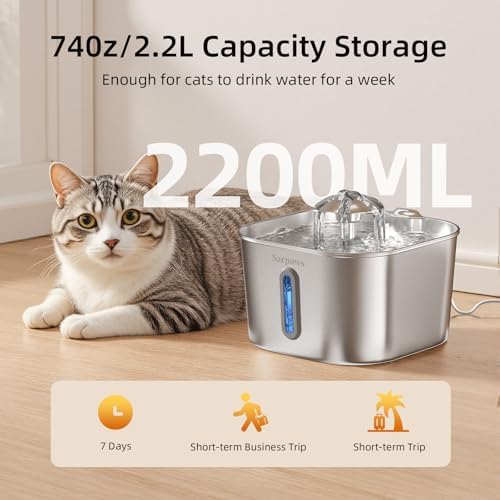 SARPAWS Cat Water Fountain Stainless Steel：74oz/2.2L Water Fountains for Cats Indoor, Cat Fountains for Drinking, Ultra-Quiet, Water Level Window, Pet Water Fountain - 2 Filters + 2 Sponges - Image 4