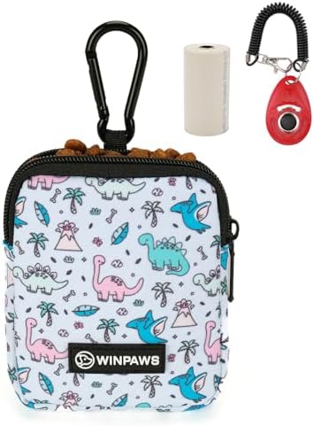 Dog Treat Pouch with Training Clicker,Waterproof Nylon Fabric Poop Bag Holders for Leashes,Hands Free Small Dog Walking Bag with Carabiner, Pet Puppy Training Walking Essentials (Dinosaur) by Unknown
