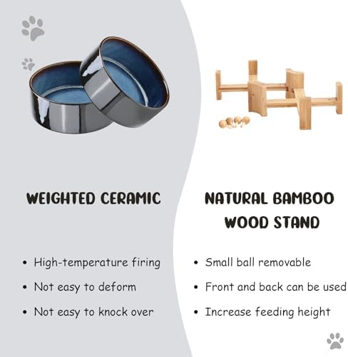 SPUNKYJUNKY 15° Slanted Ceramic Dog and Cat Bowl with Wooden Stand, Tilted Bulldog Food and Water Bowl No Slip Non-Spill for Cats Medium Dogs Big Face Pets 28.7 OZ (3.6 Cups, Starry Blue × 2) - Image 7