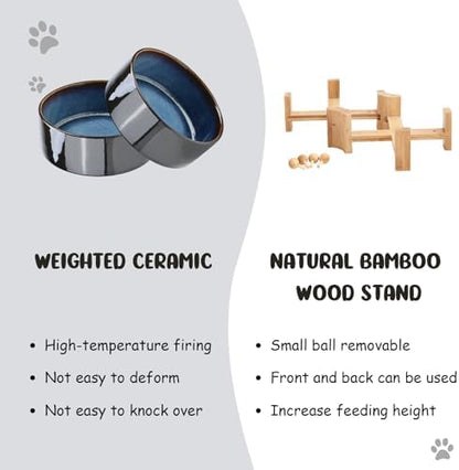 SPUNKYJUNKY 15° Slanted Ceramic Dog and Cat Bowl with Wooden Stand, Tilted Bulldog Food and Water Bowl No Slip Non-Spill for Cats Medium Dogs Big Face Pets 28.7 OZ (3.6 Cups, Starry Blue × 2) - Image 7