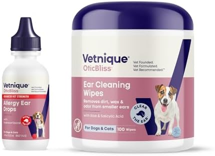 Vetnique Oticbliss Dog Allergy Ear Drops & Advanced Cleaning Wipes Bundle by Vetnique