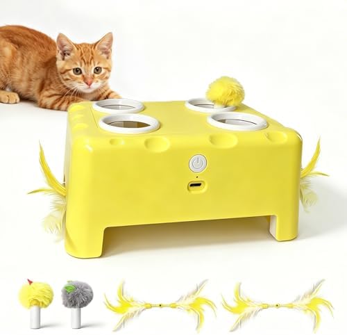 Cheese Box Interactive Cat Toy for Indoor Cats, 3-in-1 Whack a Mole Feather Toy, 3 Modes Rechargeable Auto Cat Toys for Bored Cats, 4 Holes Kitten Toy, 4 Accessories by Chouchouter