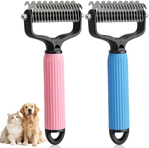 2PCS Double Sided Dematting Comb for Cats & Dogs, Undercoat Rake, Pet Grooming Brush for Long Hair, Deshedding Dog Brush Removes Tangles Knots and Loose Fur, Grooming Tool for Thick Coats(Blue+Pink) by Unknown