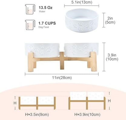 SPUNKYJUNKY Elevated Dog Bowls Ceramic, 5.1'' Dogs and Cat Food Water Bowls Raised with Non-Slip Bamboo Stand for Puppy Small Sized Breed Microwave Dishwasher Safe - 13.5 OZ,Paw White - Image 3