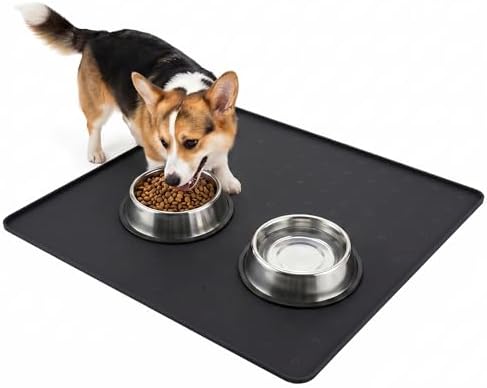 Silicone Pet Feeding Mat, 26x26 Inch Waterproof Dog Bowl Mat – Non-Slip, Machine Washable, Thin 0.23 Inch Edge for Messy Eaters, Protects Hardwood & Tile Floors, Black by TCULOSD