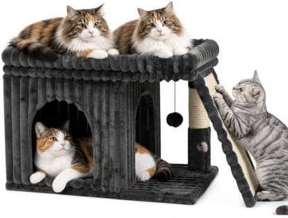 Cat Tree Tower with Scratching Post for Large Kitty, Gray Ribbed by Unknown