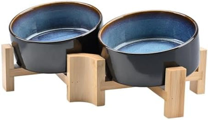 SPUNKYJUNKY 15° Slanted Ceramic Dog and Cat Bowl with Wooden Stand, Tilted Bulldog Food and Water Bowl No Slip Non-Spill for Cats Medium Dogs Big Face Pets 13.5 OZ (1.7 Cups, Starry Blue × 2) by SPUNKYJUNKY