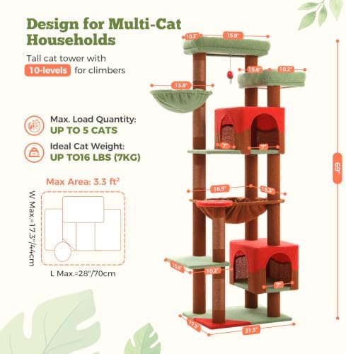 69" Tall Cat Tree for Indoor Cats Large Adult, Multi-Level Cat Tower - Image 3