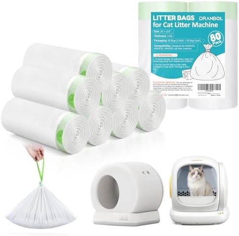 80 Count 18" x 12.6" Cat Litter Box Liners, Compatible with Meo Want MW-SC01/SC02/SC09/ SC01-Y, Thick Heavy Duty Drawstring Cat Litter Bags, Replaced Trash Bags for Self-Cleaning Cat Litter Box by DRANBOL