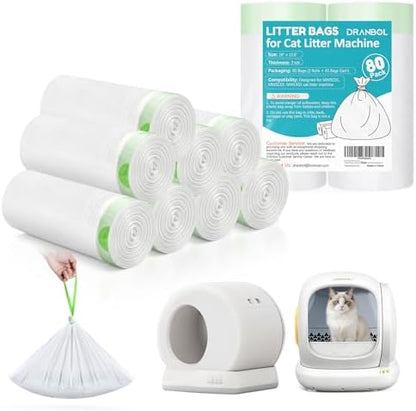 80 Count 18" x 12.6" Cat Litter Box Liners, Compatible with Meo Want MW-SC01/SC02/SC09/ SC01-Y, Thick Heavy Duty Drawstring Cat Litter Bags, Replaced Trash Bags for Self-Cleaning Cat Litter Box by DRANBOL