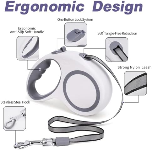 Retractable Dog Leash, 16 FT Retractable Leash for Dogs 0-55 lbs, Strong Nylon Tape No Tangle, One-Handed Brake, Pause, Lock, Perfect for Medium Large Dogs, White - Image 2