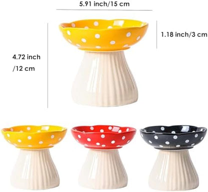Mushroom Cat Bowl, Raised Ceramic Cat Food Dish for Whisker Fatigue, Forest Style Pet Water Bowl, Elevated Tilted Neck Protection Feeder for Indoor (Yellow) - Image 2