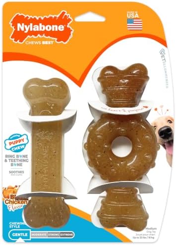 Nylabone Puppy Chew Teething Bone Dog Chew Toys, Chicken Flavor, 2 Count by Nylabone