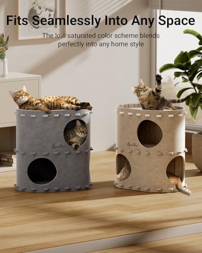 DownyPaws Cat House for Indoor Cats, 2-Storey Cat Bed Cave, Cream - Image 6