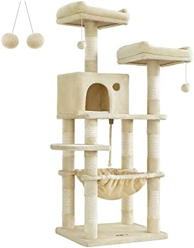 Feandrea Cat Tree, 55.8-Inch Large Cat Tower, Multi-Level Condo, Beige by FeandreabySONGMICSHOME