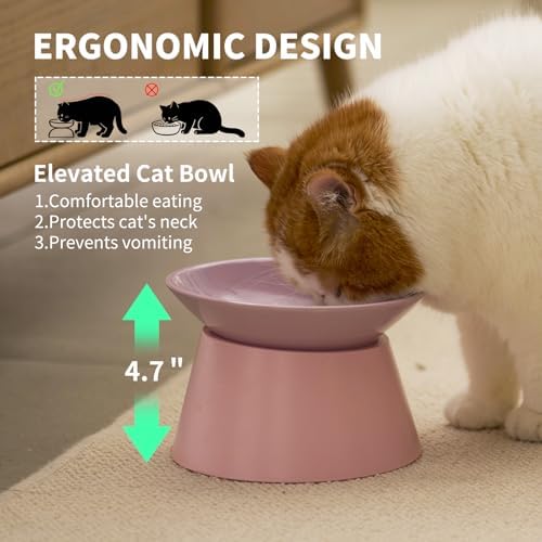 MS!MAKE SURE Cat Food Bowls Elevated - Ceramic Cat Water Bowls Whisker Friendly with Stand Tilted Non Slip Flat Detachable Anti Vomiting for Indoor Cats Pink Purple - Image 4
