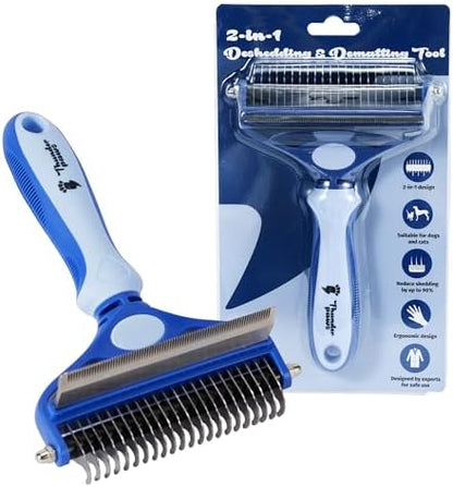 2-in-1 Deshedding Brush and Dematting Rake - Double Coat Undercoat Grooming Tool for Dogs and Cats, Reduces Shedding by Up to 95% (Electric Blue) by ThunderpawsUSA