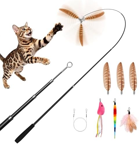 Potaroma Cat Wand Toy, Retractable Carbon Fiber Feather Teaser with Bells by Potaroma