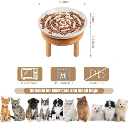 Elevated Slow Feeder Cat Bowls, Ceramic Cat Slow Feeder Bowl with Bamboo Stand, 5.9 Inch Wide Shallow Cats Bowl Whisker Friendly, Anti Vomiting Puzzle Feeder for Dry or Wet Food Dishwasher Safe - Image 3
