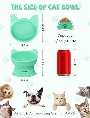 YINEYA Elevated Cat Bowls 2 Pcs, Cat Food Bowl to Protect Neck & Anti-Vomit, Whisker-Friendly Raised Food and Water Bowls Set for Indoor Cats/Small Dogs, Cute Pet Feeding Bowl 6 OZ Each, Pink & Green - Image 4
