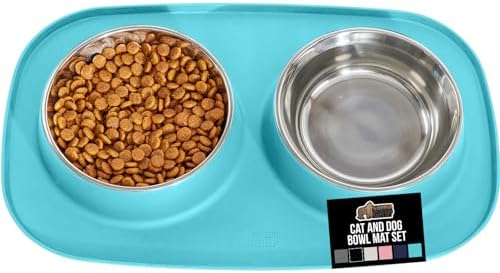 GORILLA GRIP Dog Bowl with Feeding Mat, 304 Stainless Steel 2 Cup Turquoise by GorillaGrip