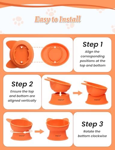 YINEYA Elevated Cat Bowls 2 Pcs, Cat Food Bowl to Protect Neck & Anti-Vomit, Whisker-Friendly Raised Food and Water Bowls Set for Indoor Cats/Small Dogs, Cute Pet Feeding Bowl 6 OZ Each, Orange&Green - Image 6