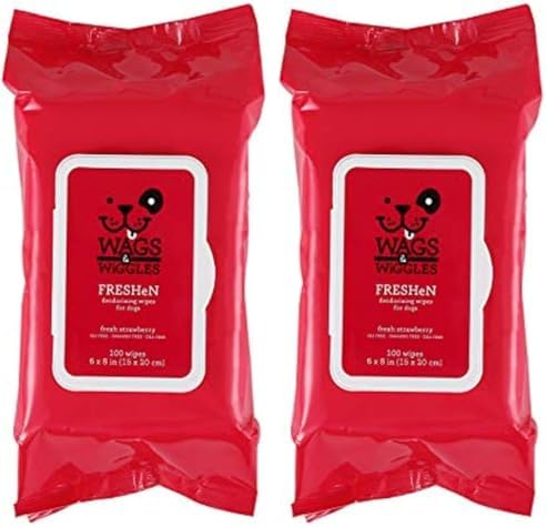 Wags and Wiggles Freshen Deodorizing Wipes for Dogs, Fresh Strawberry Scent - Dog Wipes that Eliminate Odors Between Baths, Easy at-Home Grooming, Dogs and Puppies, 100 Count (Pack of 2) by Wags+%26+Wiggles