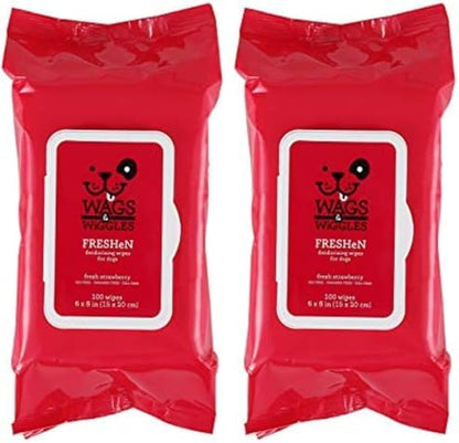 Wags and Wiggles Freshen Deodorizing Wipes for Dogs, Fresh Strawberry Scent - Dog Wipes that Eliminate Odors Between Baths, Easy at-Home Grooming, Dogs and Puppies, 100 Count (Pack of 2) by Wags+%26+Wiggles