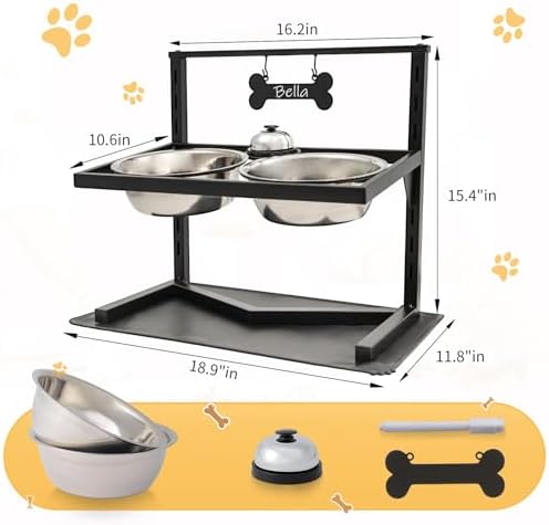 Grand Line Elevated Dog Bowls - 7 Height Adjustable, 10 Tilted Raised Stand With Spill Proof Mat, Two 1.5L Stainless Steel Food Water Bowls for Large Medium Small Dogs (15.4" H) - Image 5