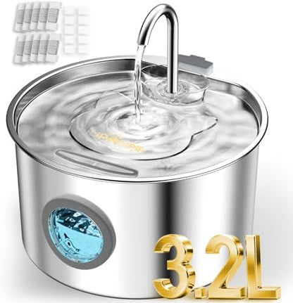 3.2L Cat Water Fountain Stainless Steel with 20 Filters Automatic Pet Water Fountain for Cats/Dogs Indoor Ultra Quiet Metal Cat Fountains for Drinking Kitty Watering Supplies for Animals by UPAWPIA