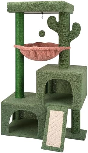 AIWIKIDE 37.4" Cactus Cat Tree Tower with Twin Cat Condos for Indoor Cats, All-in-One Activity Center with Cat Scratching Post Cozy Sleeping Perch Hammock and Toy Balls,Green by AIWIKIDE