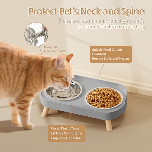 Elevated Cat Bowl, Raised Cat Food and Water Bowl Set for Indoor Cats, Splash Proof with 2 Stainless Steel Pet Food Bowls for Cats and Puppies, Whisker Fatigue and Dishwasher Safe - Grey - Image 3