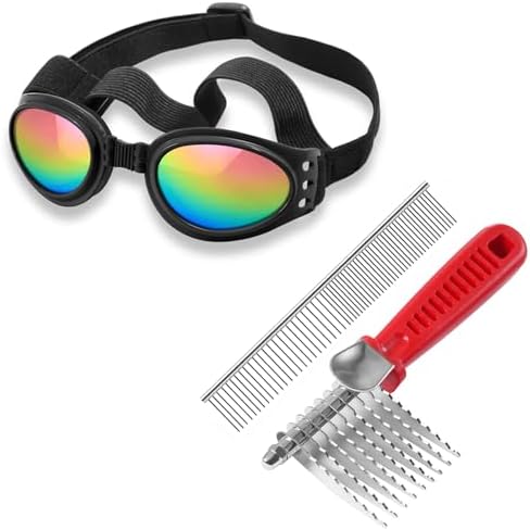 QUMY Dog Sunglasses for Dogs Over 15lbs Black and Dog Comb Set for Dematting Knotted Hair by QUMY