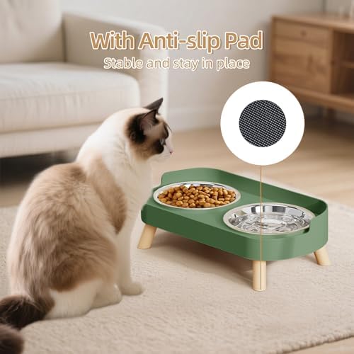 Elevated Cat Bowl, Raised Cat Food and Water Bowl Set for Indoor Cats, Splash Proof with 2 Stainless Steel Pet Food Bowls for Cats and Puppies, Whisker Fatigue and Dishwasher Safe - Green - Image 5
