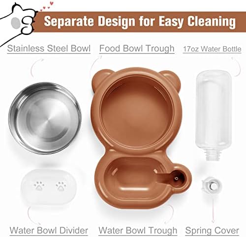 Dog Bowls, Cat Food and Water Bowl Set with Water Dispenser and Stainless Steel Bowl for Cats and Small Dogs - Brown - Image 3