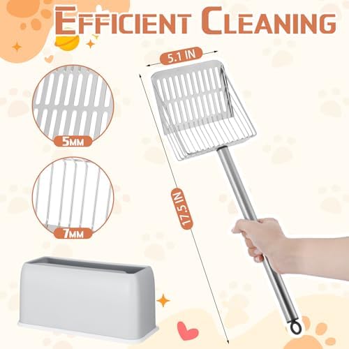 Tioncy Metal Cat Litter Scoop with Holder 17.5 Inch Long Handle Cat Scooper for Litter Box Deep Cat Fast Sifter Shovel Stainless Steel Cat Litter Sifter Scoop Pet Scooper for Kitten Cat Dog Poop - Image 2