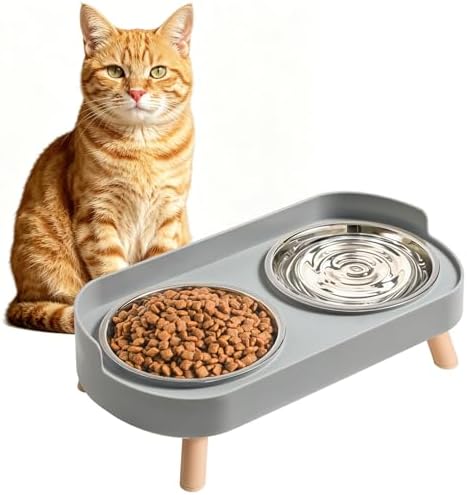 LoeJan Elevated Cat Bowls Set - Raised Cat Food and Water Bowl Set with Non Slip Stand - Pet Feeding Station with 2 Stainless Steel Bowls with Splash Proof Guard by LoeJan